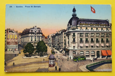 Ansichtskarte AK Genf / Platz St. Gervais / 1951 / Bank Populaire Suisse – Schuh Werbung IDIS – Kiosk – Straßenbahn